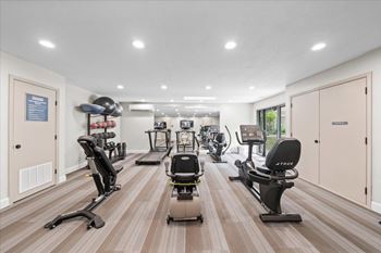 A gym with treadmills, stationary bikes, and elliptical machines.